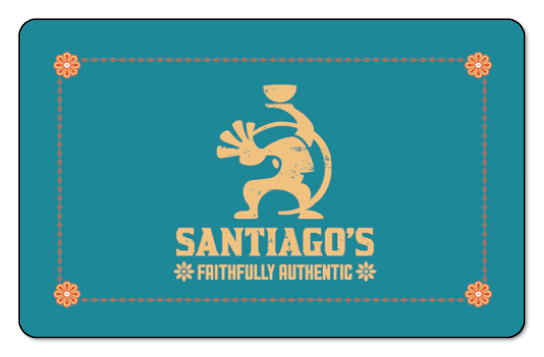 santiagos logo over blue with orange pattern border